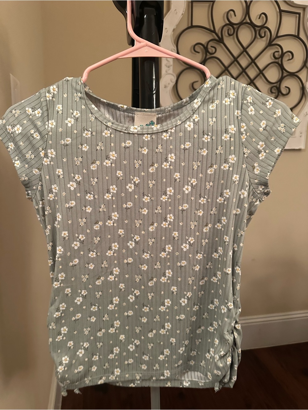 Lily Bleu Sage Green Floral Ribbed Short Sleeve Top